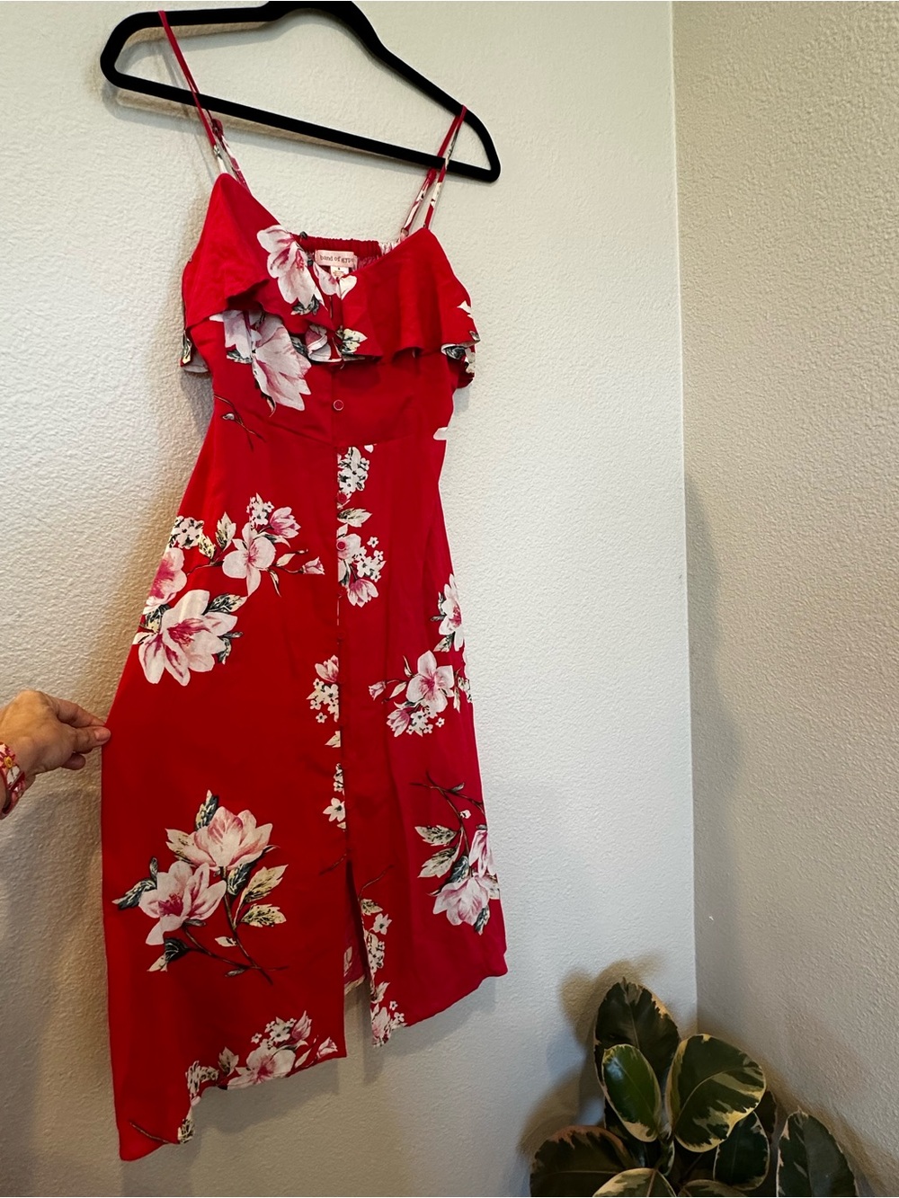Band of Gypsies Red Floral Midi Dress Ruffle Button Front Romantic Cottagecore
